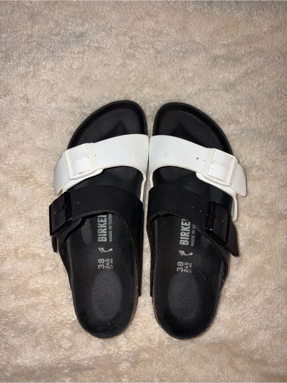 Birkenstock Black & White Two-Strap Buckle Sandals